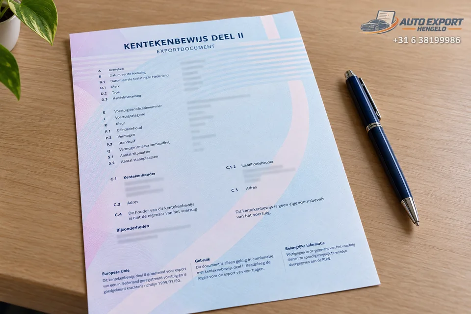 Kentekenbewijs deel II, het exportdocument voor een auto uit Hengelo, op de balie van Auto Export Hengelo